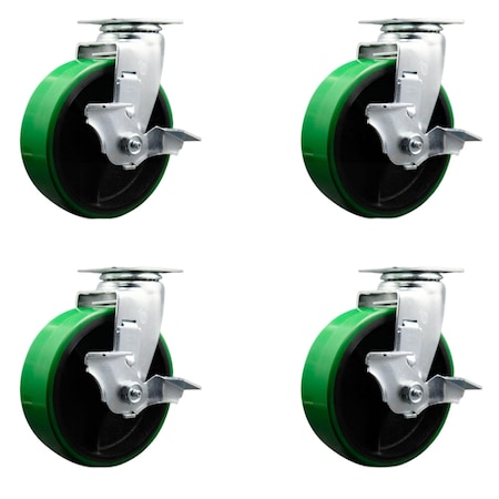 Service Caster 6 Inch Green Poly on Cast Iron Swivel Caster Set with Ball Bearings and Brakes SCC-20S620-PUB-GB-TLB-4